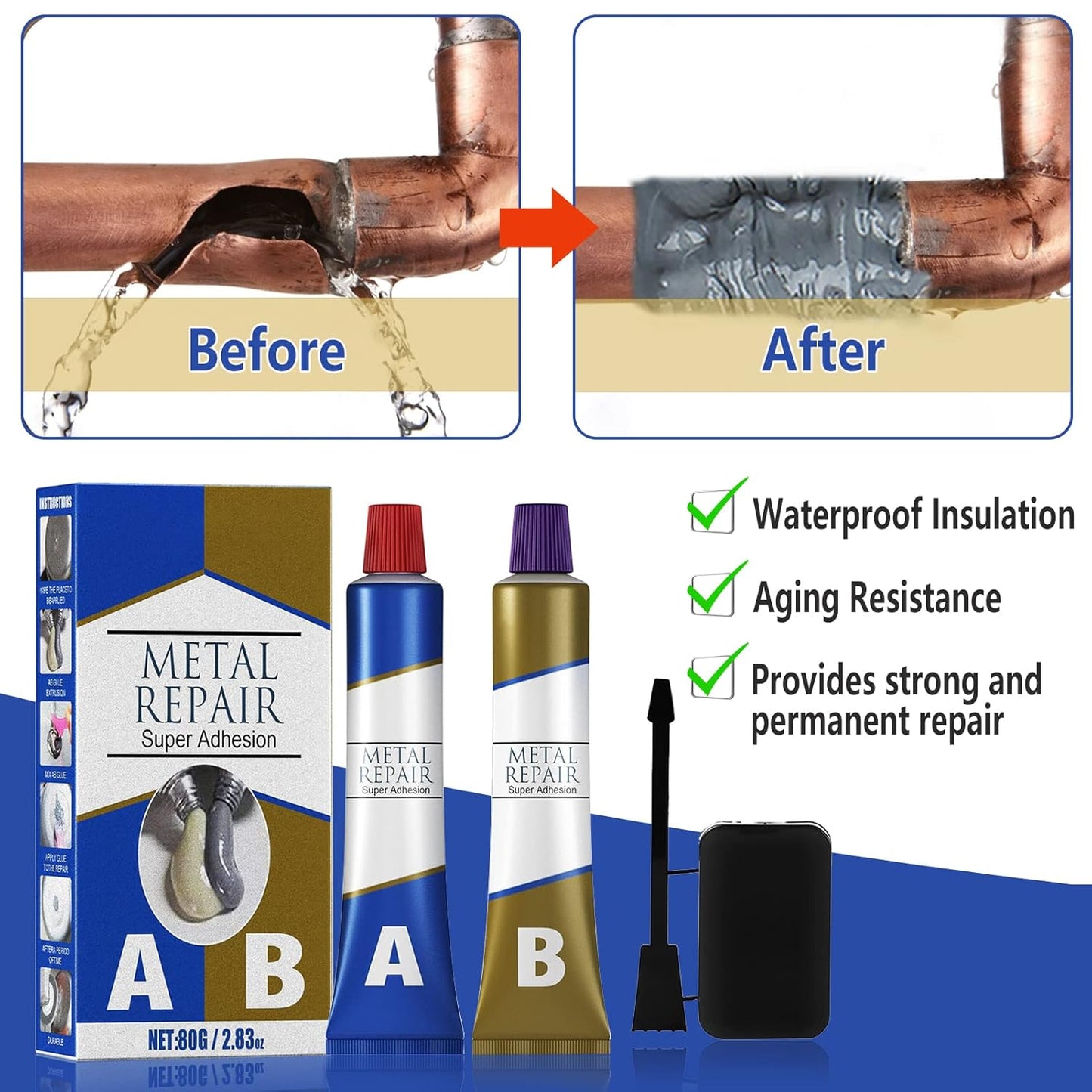 Magic Repair Super Adhesive (A+B), For all type of surfaces like metal, plastic, wood etc Water Tank leakage, Plugging, Welding, Resistance to heat & cold- 100g (50g each)
