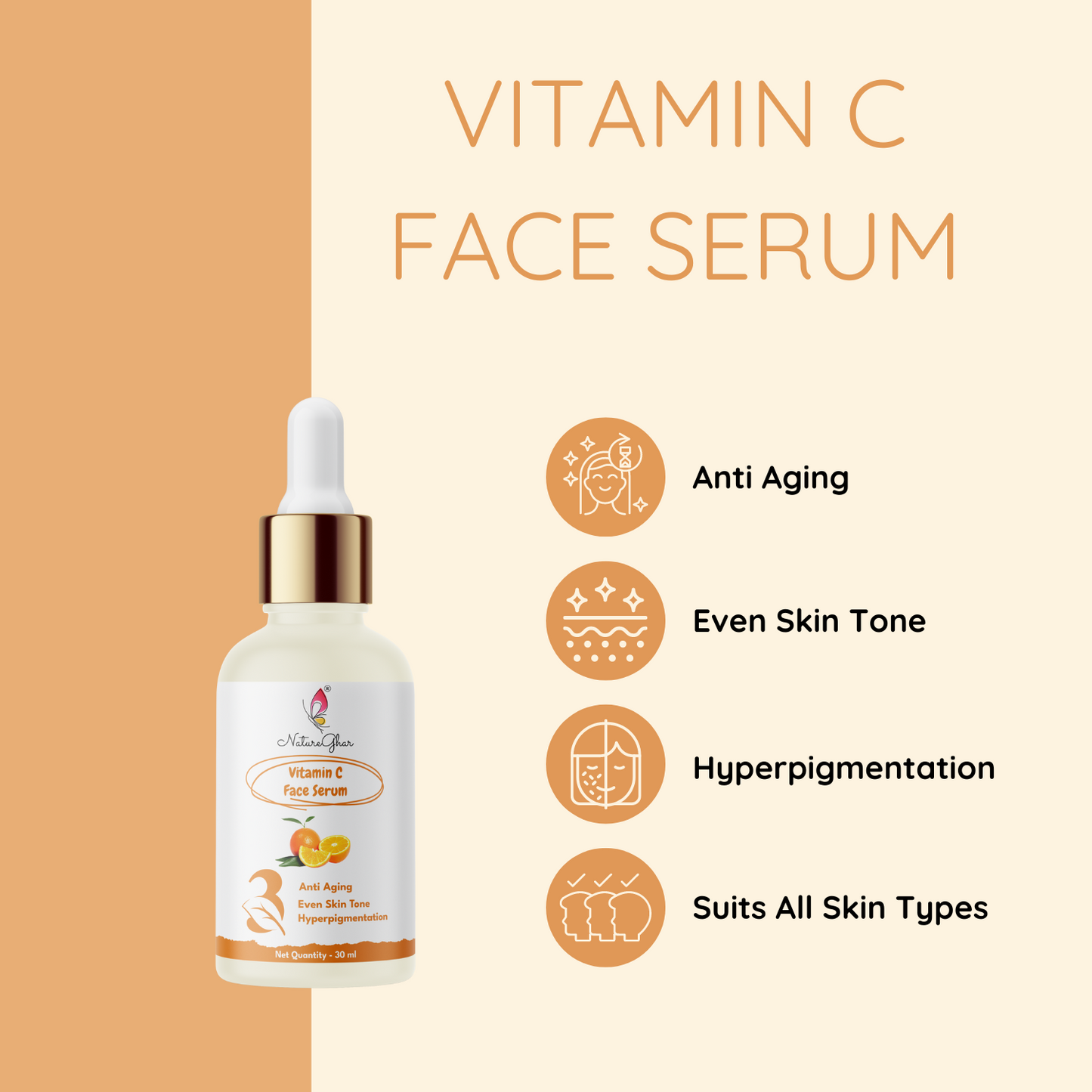 NatureGhar Vitamin C Face Serum For All Skin Types | Anti Aging | Hyperpigmentation | Even Skin Tone | Daily Glow - Pack Of 2(30ml*2)