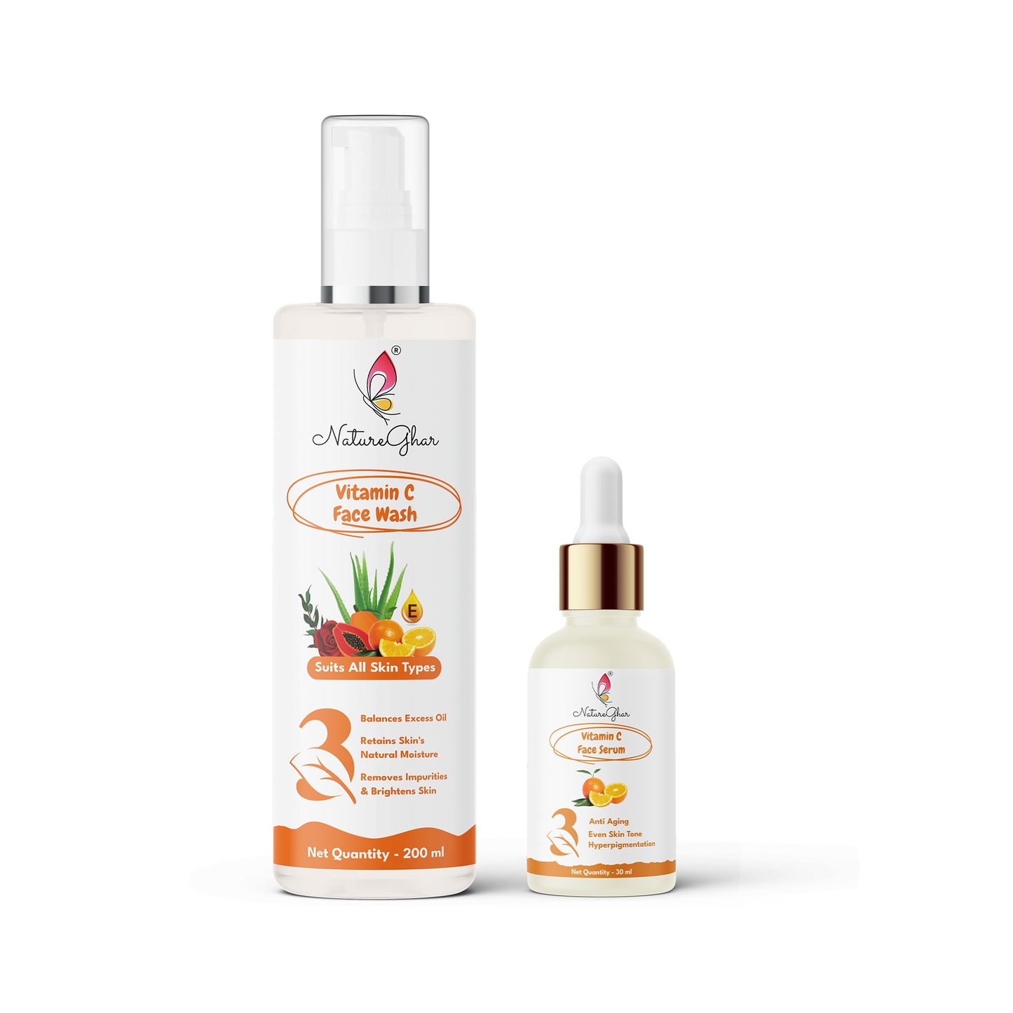 NatureGhar Vitamin C Face Serum For All Skin Types | Anti Aging | Hyperpigmentation | Even Skin Tone | Daily Glow - Pack Of 2(30ml*2)